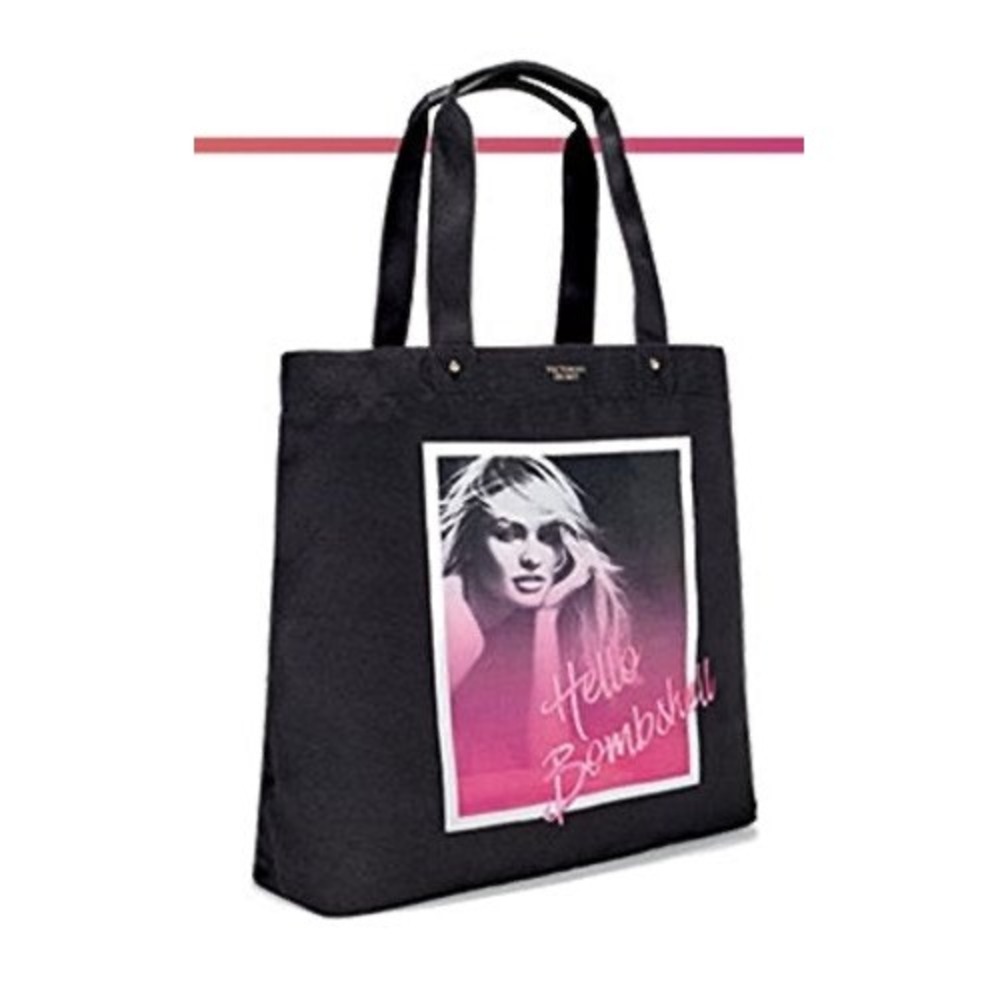 Victoria's Secret Hello Bombshell Black Canvas Tote Bag Pink Graphic Candice S